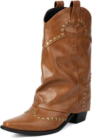 Generic Womens Retro Western Boots Mid Calf, Chunky Heel & Comfort Square Toe for Daily Casual,Yellow,6.5 UK