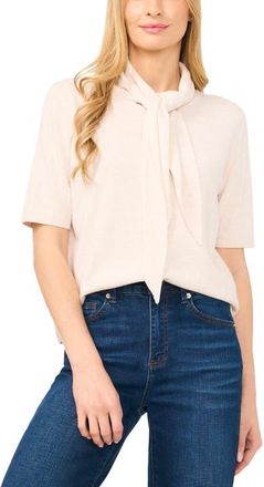 CeCe by Cynthia Steffe Tie Neck Short Sleeve Cardigan in French Oatmeal at Nordstrom, Size X-Large