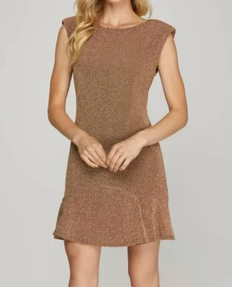 She + Sky Metallic Ruffle Hem Mini Dress In Gold Taupe