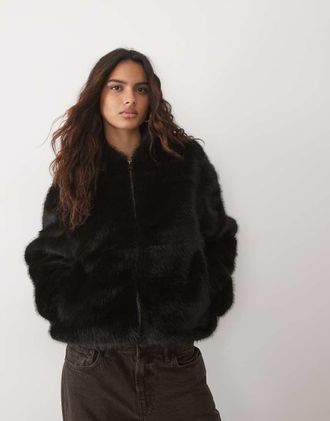 Asos giacca bomber con zip e pelliccia sintetica nera/marrone