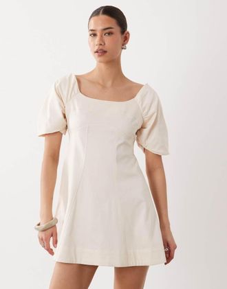Asos Vestito midi in rasatello di cotone color acqua antico con scollo squadrato e fascette sul retro-Bianco