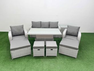 Fimous 9 PCs High Back Reclining Chair Sofa Dining Set Rising Table Stools in Light Grey