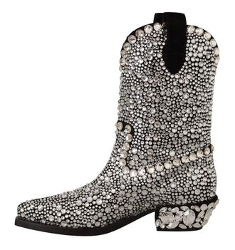 Dolce & Gabbana Womens Black Suede Strass Crystal Cowgirl Boots Leather