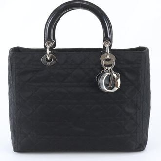 Dior Lady Dior Black Leather Nylon Handbag Shoulder Bag Tote Bag (Pre-Owned)