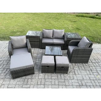 Fimous Rattan Garden Furniture Set Patio Conservatory Indoor Outdoor 9 Piece Set with Love Sofa Square Coffee Table 3 Footstools 2 Side Tables - Fimous