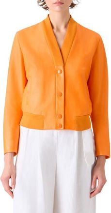 Akris Crinkle Napa Leather Bomber Jacket in Orange at Nordstrom, Size 10