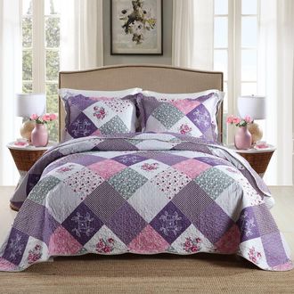OEM Colcha De Microfibra Patchwork De 230x260 Cm, Colcha Acolchada Con Estampado De Cuadros De Voile