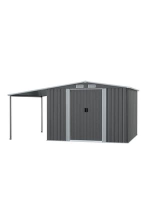 H&O Direct 8x8ft Garden Metal Storage Shed with Sun Shelter in Dark Grey