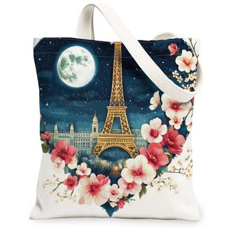 Generic Paris Floral Canvas Tote Bags, Elegant Blossom Design Reusable Grocery Bags, Spring Vintage Lightweight Washable Shoulder Strap 13x15 Inch