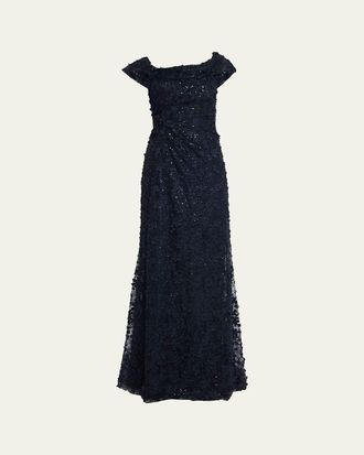 Teri Jon Asymmetric Sequin Lace Gown