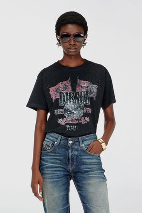 Diesel T-shirt with concert graphics and crystals - T-Shirts - Woman - Black