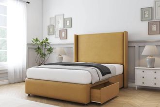Sloomy Stratford Plush Divan Set No Drawers-54 Wingback-Footboard in Mustard | Size: Super King