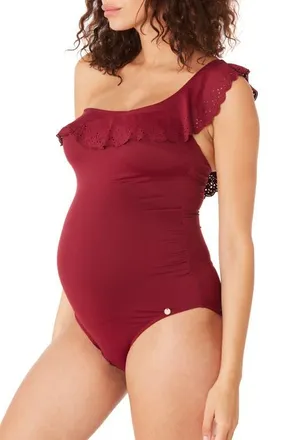 Cache Coeur Bloom One-Shoulder One-Piece Maternity Swimsuit in Burgundy at Nordstrom, Size X-Large
