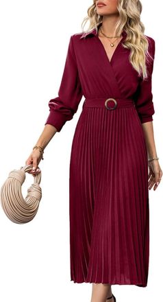 Generic Womens Fall Dress Long Sleeve V Neck Dresses Fashion Casual Dress Waist Tie Solid Colour Autumn Pleated Dresses (UK, Alpha, M, Regular, Regular, red)