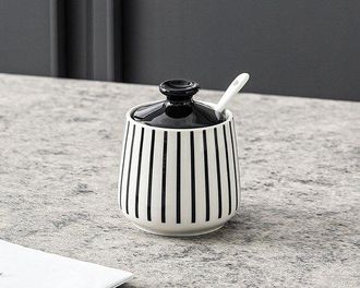 OEM Azucarero De Cer&aacute;mica Con Cuchara, Dise&ntilde;o Blanco Y Negro, Tarro De Cer&aacute;mica De 270 Ml Con Tapa, Almacenamiento De Cocina (2 Piezas)