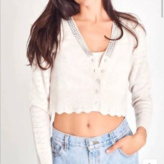 LoveShackFancy Brynner Crop Long Sleeve Cardigan In Pebble