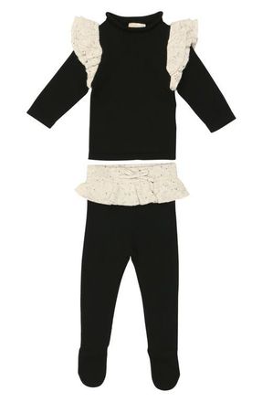 Maniere Flecked Ruffle Long Sleeve Stretch Cotton Top & Leggings Set in Black White at Nordstrom, Size Newborn