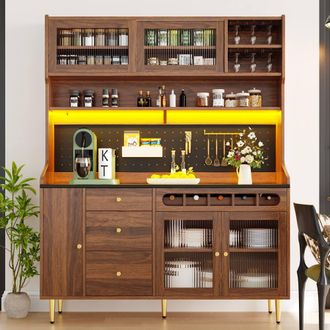 Merax Kitchen Dresser with LED Lighting & Wine Rack in Walnut