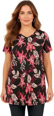 Roaman's Plus Size Ultimate Cotton V-Neck Short Sleeve Tunic in Black Tiger Lily at Nordstrom, Size Medium