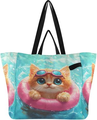 Generic Cat Swim Blue print Reusable Canvas Tote Bag, Heavy Duty Grocery Shopping Bag with Large Capacity Double Handles Hard Bottom Work Groceries Travel