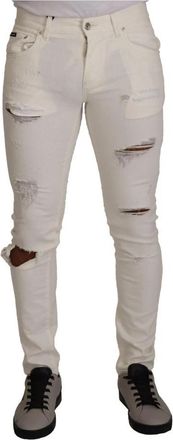 Dolce & Gabbana Witte Tattered Skinny Katoenen Heren Denim Jeans - Heren - Slim Fit Broeken - Wit - S - Katoen - Broeken