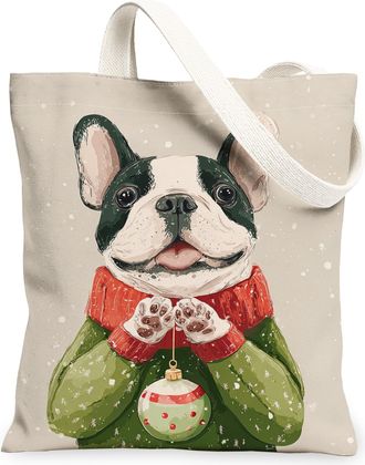 Generic Winter Dog Canvas Tote Bags, Cute Dogs Design Reusable Grocery Bags, Holiday Lightweight Washable Shoulder Strap Canvas for Travel Picnic 13x15 Inch