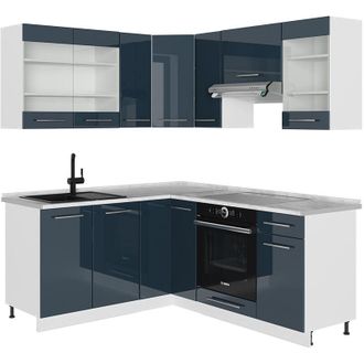 Vicco Cucina angolare completa Fame-Line, Blu scuro lucido/bianco, 160 x 60 cm senza piano di lavoro
