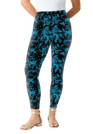 Roaman's Plus Size Essential Stretch Ankle Length Pull-On Legging in Teal Paint Stroke at Nordstrom, Size Large