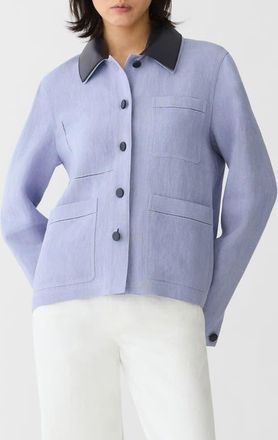 Lafayette 148 New York Linen Blend Canvas Jacket with Detachable Leather Collar in Catmint at Nordstrom, Size X-Small