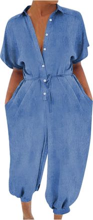 Generic Work Jumpsuit for Women Loose Fit One Piece Short Sleeve Distressed Casual Button Down Jean Jumpsuits Plus Size Baggy Harem Denim Dungarees Stretchy O