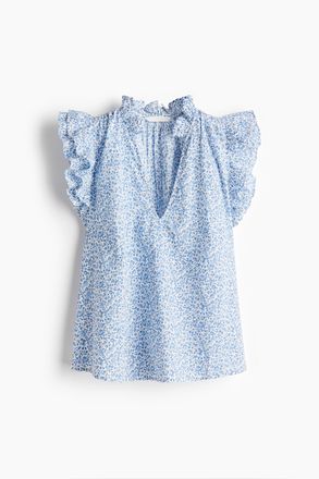 H&M Bluse mit Volants - Weiss/Hellblau Gebl&uuml;mt