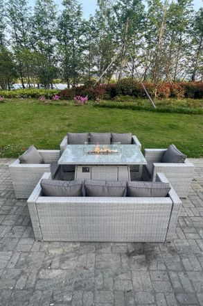 Fimous Rattan Set Gas Fire Pit Dining Set Heater Burner Lounge Sofa Chairs in Light Grey