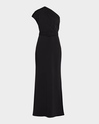 Badgley Mischka Belted One-Shoulder Column Gown