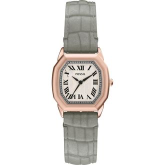 Fossil Harlow Croc Embossed Leather Strap Watch, 27mm in Grey/Rose Gold at Nordstrom Rack