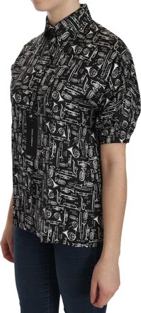 Dolce & Gabbana Black Musical Instrument Collared Blouse Womens Shirt