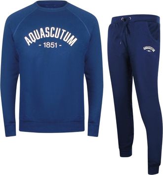 Aquascutum Mens Old School Crewneck Navy Blue Tracksuit Set Cotton - Size X-Large