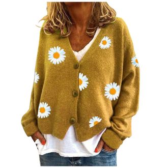 Generic Button Down Sweater, Floral Cardigans For Women, Fashion Daisy Printed Cardigan, Comfy Warm Long Sleeve Sweatshirt, Elegant V-Neck Cropped Cardigan Ba