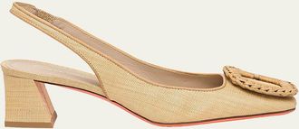 Santoni 50mm Lemon Raffia and Leather Slingback Pumps