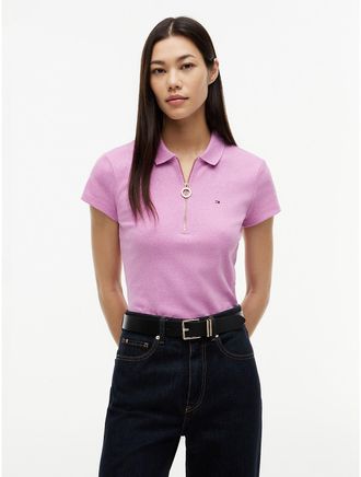 Tommy Hilfiger Womens Slim Fit Zip Polo - Pink - XL