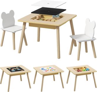 OEM Juego De Mesa Y 2 Sillas Infantiles De Madera Con Compartimentos Y Pizarra Desmontable 60x60x44 Cm Natural Y Blanco