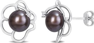 Amour 7.5-8mm Black Freshwater Cultured Pearl and White Topaz Floral Stud Earrings In Sterling Silver