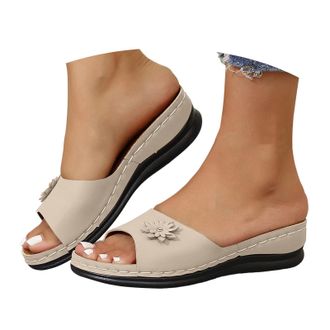 Generic Womens Floral Decor Platform Slide Sandals Chunky Heel Open Toe Slippers Comfortable Non Slip Sole for Casual Outing, Commute, Summer Beach (Khaki, 6.