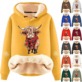 Generic Highland Cow Hooides Jumpers for Women, Fleece Lined Sherpa Hoodie Cow Sweatshirt, Trendy Drawstring Long Sleeve Pullover Highland Cow Gifts for Women