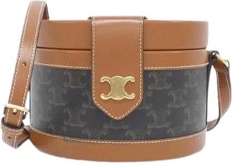 Celine Pre-owned Cross Body Bags, female, Brown, Size: ONE SIZE Pre-owned Medium Tambour Triomphe Canvas Calf Shoulder Bag