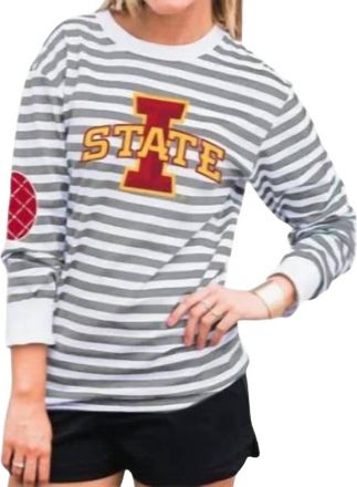 Gameday Couture Iowa State University Striped Elbow Patch Tee In White/grey