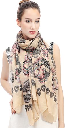 Lina & Lily Day of the Dead Sugar Skull Print Womens Scarf Shawl Wrap Lightweight (Tan)