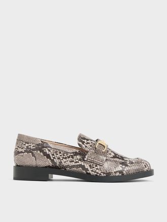 Charles & Keith Leslie Snake-Print Metallic-Accent Loafers