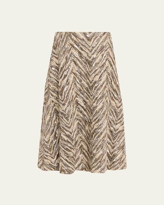 Brunello Cucinelli Chevron Sequined Superlight Tulle Midi Skirt