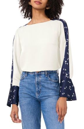 Vince Camuto Floral Accent Flare Cuff Top in New Ivory at Nordstrom, Size Xx-Small