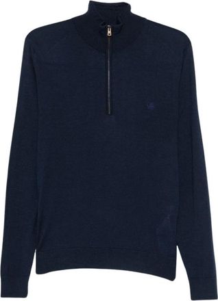 Etro Wol en zijde trui met rits en Pegaso-borduring - Heren - Vesten met rits - Blauw - S - Wol - Hoodies & sweatvesten
